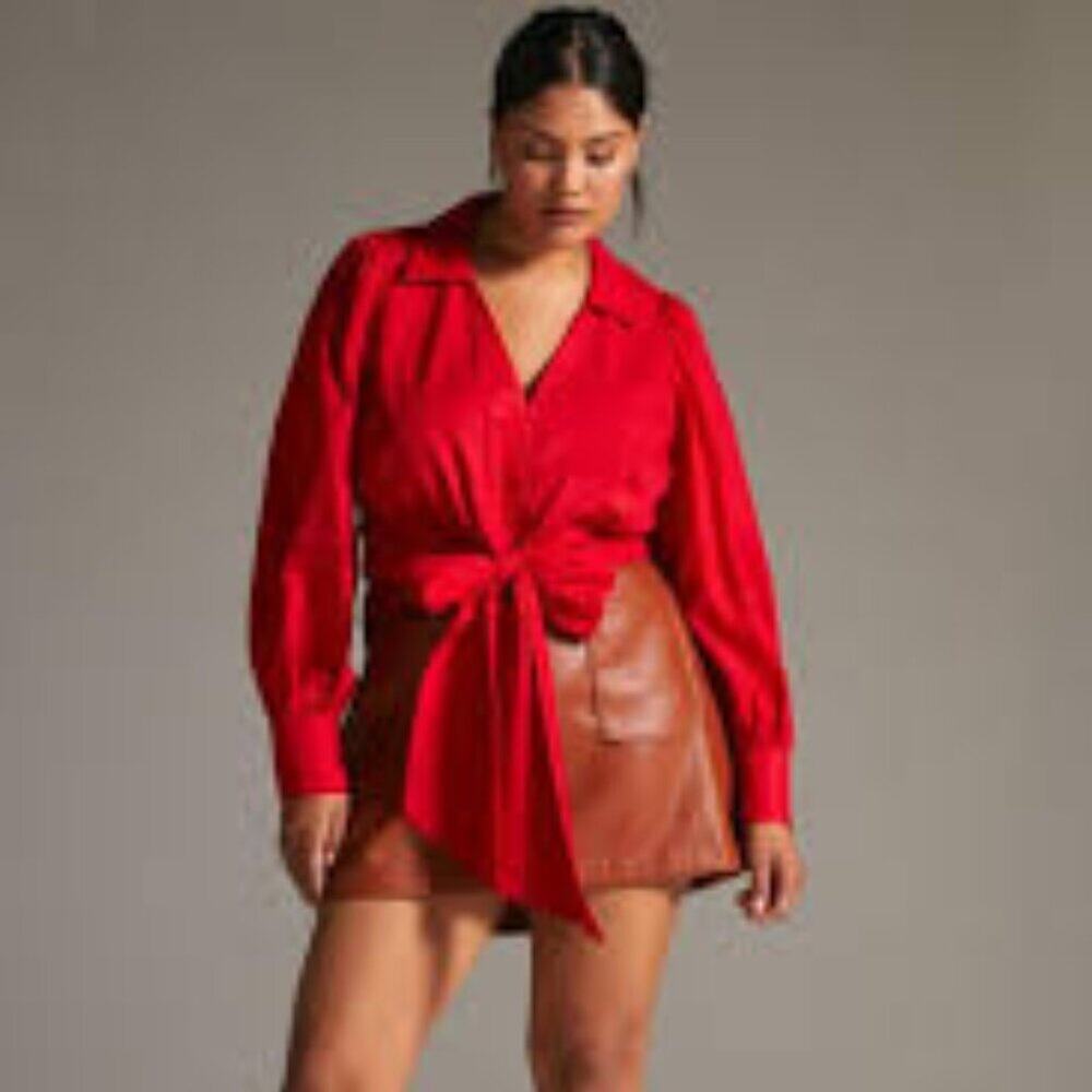 ANTHROPOLOGIE MAEVE POPLIN BOW-FRONT RED BLOUSE SIZE XXSMALL PETITE